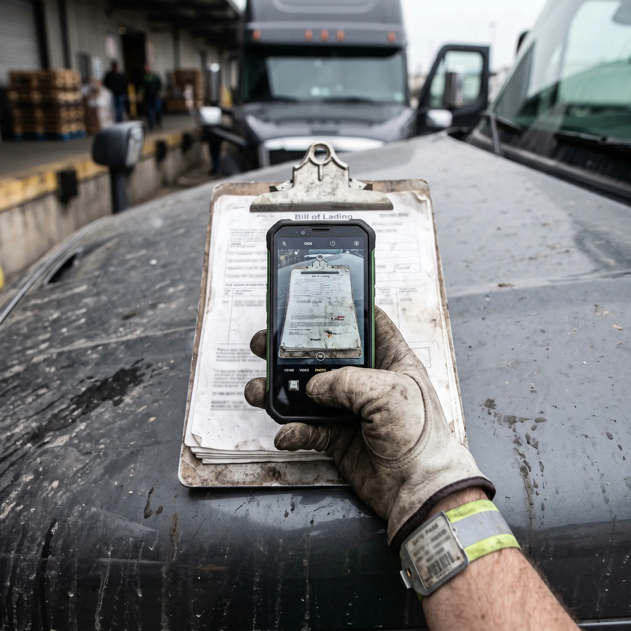 Driver photographing a bill of lading at a truck